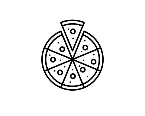 Pizza with one slice separated linear icon. Thin line illustration. Contour s Stock Illustration