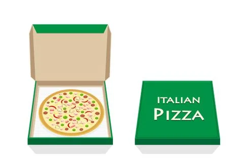 Pizza in opened and closed box on white, vector Stock Illustration
