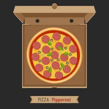 Pizza in the opened cardboard box. Illustrazione stock