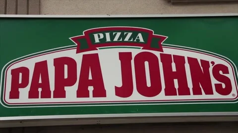 Pizza papa johns rectangle sign, red caption on white and green background Stock Footage 246611154