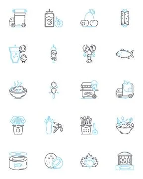 Pizza parlor linear icons set. Pizza, Dough, Toppings, Oven, Delivery, Slice Stock Illustration