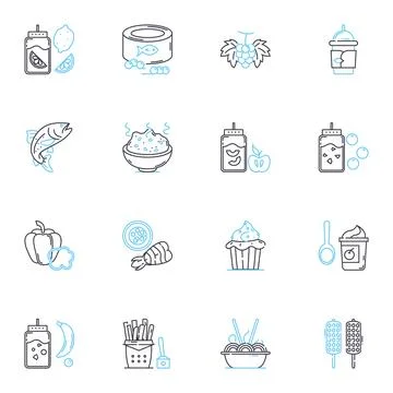 Pizza parlor linear icons set. Pizza, Dough, Toppings, Oven, Delivery, Slice Stock Illustration