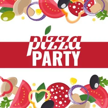 Pizza Party template banner with pizza ingredients Stock Illustration