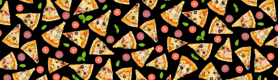Pizza pattern. Black background. Concept for a banner or flyer for a restaura Stock Photos