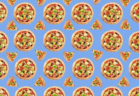 Pizza pattern design on light violet blue background Stock Photos