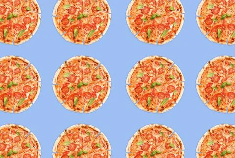 Pizza pattern design on light violet blue background Stock Photos