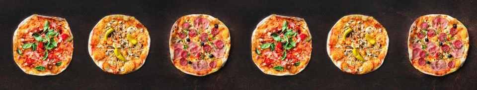 Pizza pattern. Six pieces set on dark background. Top view, copyspace 스톡 사진
