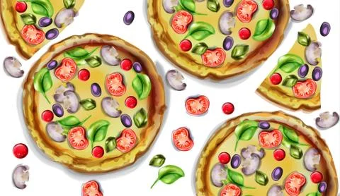 Pizza pattern vector watercolor. Delicious texture menu templates Stock Illustration