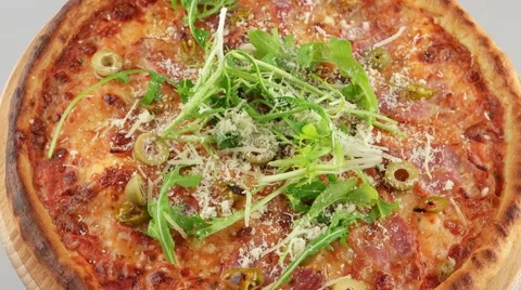 Pizza with pepperoni and bacon Stock Footage 57766809