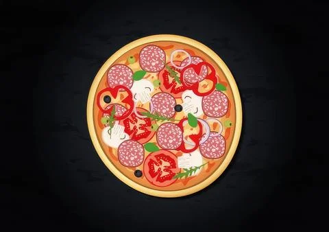 Pizza with pepperoni cheese tomato basil and olives on black background Stock Illustration