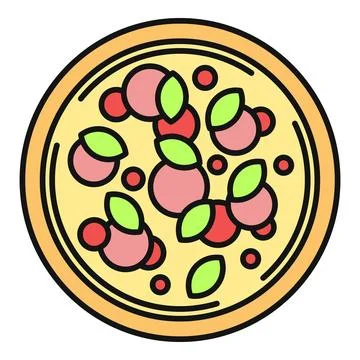 Pizza with pepperoni, tomato and basil icon Illustrazione stock