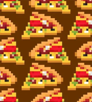 Pizza pixel art pattern seamless. Fast food 8bit background. Video game Old s Stock Illustration