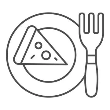 Pizza on plate thin line icon. Dinner vector illustration isolated on white Stock Illustration