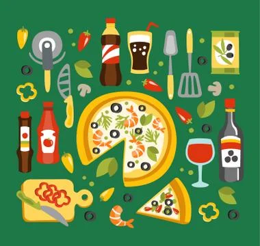 Pizza Preparation And Eating Elements, Italian Cuisine Dish With Associated Illustrazione stock