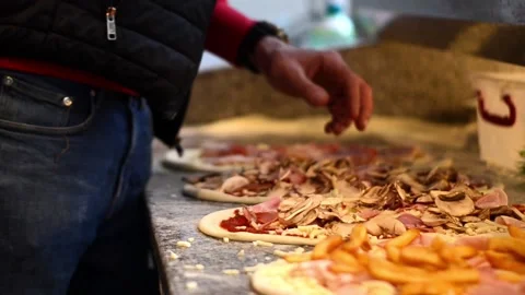 Pizza preparation setting up the ingredients Stock Footage 151927912
