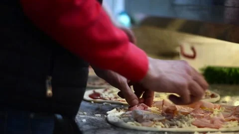 Pizza preparation setting up the ingredients Stock Footage 151927949