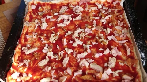 On the pizza put meat Stock Footage 77571636
