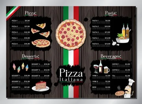 Pizza restaurant card template - table menu - A3 size (420x297 mm) Stock Illustration