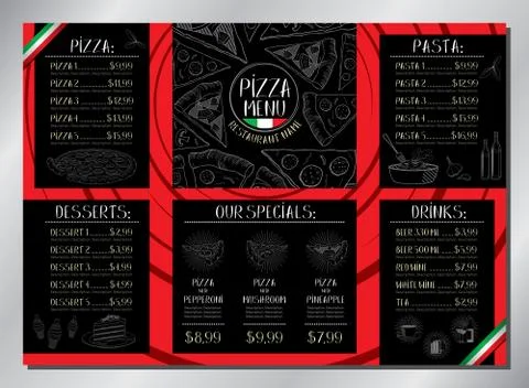 Pizza restaurant card template - table menu - A3 size (420x297 mm) Stock Illustration