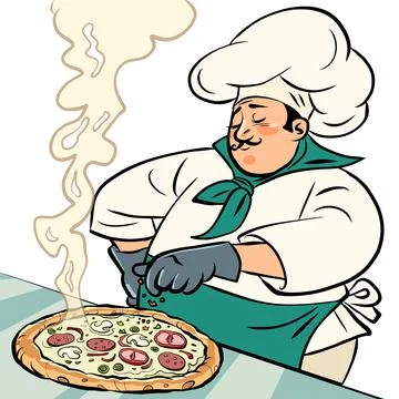 Pizza restaurant, chef man preparing a dish, ingredients, street traditional Illustrazione stock