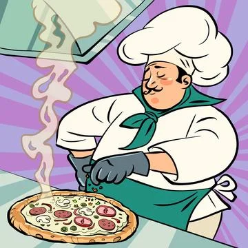 Pizza restaurant, chef man preparing a dish, ingredients, street traditional 库存插图