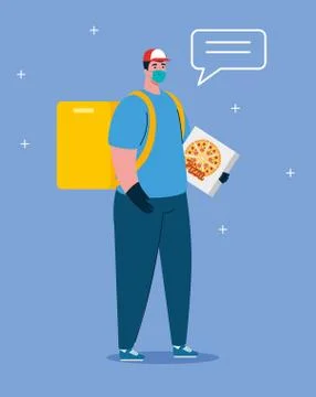 Pizza safe delivery , courier worker using face mask Illustrazione stock