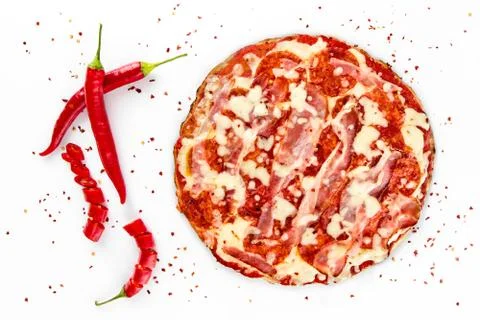 Pizza salami with red pepper on white Stock Photos