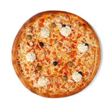 Pizza with seafood. The composition includes: tomatoes, shrimp, salmon, olive Stock Photos