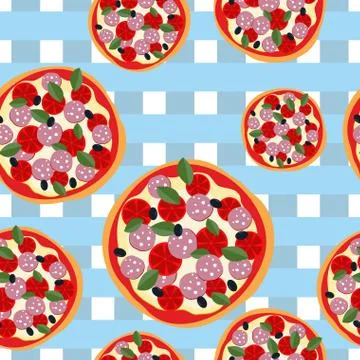 Pizza seamless pattern on a blue tablecloth. Food background Stock Illustration