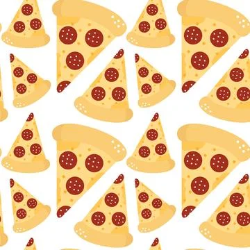 Pizza seamless pattern in cartoon style pepperoni. Fast food wrapping texture. Stock Illustration