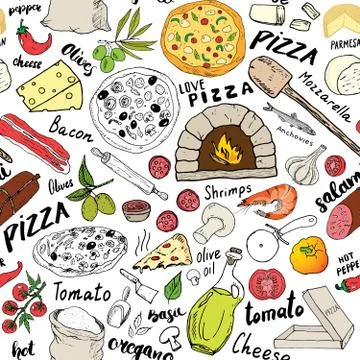 Pizza seamless pattern hand drawn sketch. Pizza Doodles Food background with  Stock Photos