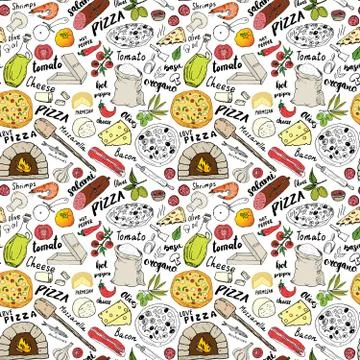 Pizza seamless pattern hand drawn sketch. Pizza Doodles Food background with  Stock Photos