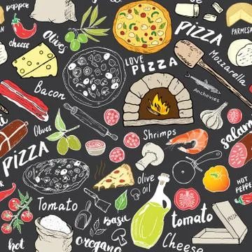 Pizza seamless pattern hand drawn sketch. Pizza Doodles Food background with  Stock Photos