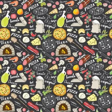 Pizza seamless pattern hand drawn sketch. Pizza Doodles Food background with  Stock Photos