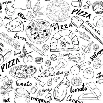 Pizza seamless pattern hand drawn sketch. Pizza Doodles Food background with  Stock Photos