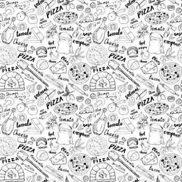 Pizza seamless pattern hand drawn sketch. Pizza Doodles Food background with  Stock Photos