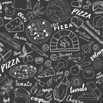 Pizza seamless pattern hand drawn sketch. Pizza Doodles Food background with  Stock Photos