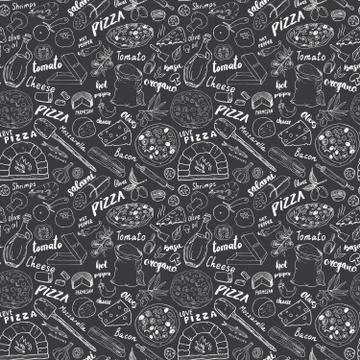 Pizza seamless pattern hand drawn sketch. Pizza Doodles Food background with  Stock Photos