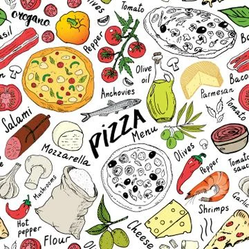 Pizza seamless pattern hand drawn sketch. Pizza Doodles Food background with  Stock Photos