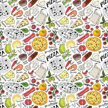 Pizza seamless pattern hand drawn sketch. Pizza Doodles Food background with  Stock Photos