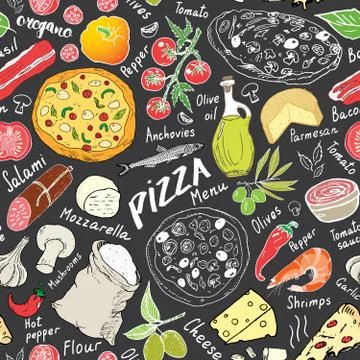 Pizza seamless pattern hand drawn sketch. Pizza Doodles Food background with  Stockfoto's