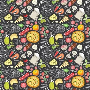Pizza seamless pattern hand drawn sketch. Pizza Doodles Food background with  Stock Photos