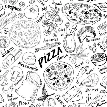 Pizza seamless pattern hand drawn sketch. Pizza Doodles Food background with  写真素材
