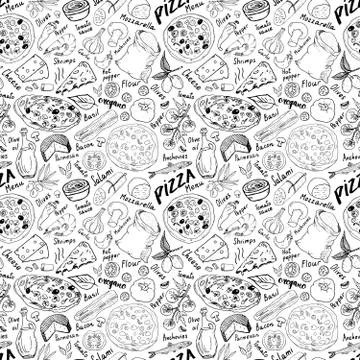 Pizza seamless pattern hand drawn sketch. Pizza Doodles Food background with  Stock Photos