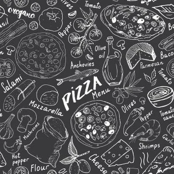 Pizza seamless pattern hand drawn sketch. Pizza Doodles Food background with  Stock Photos
