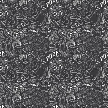 Pizza seamless pattern hand drawn sketch. Pizza Doodles Food background with  Stock Photos