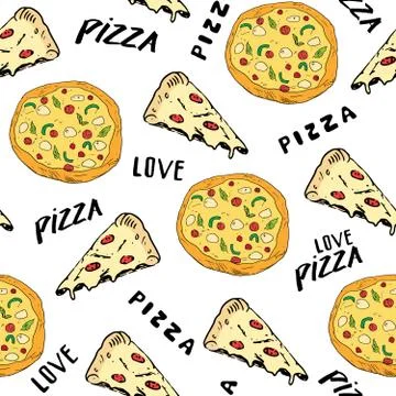 Pizza seamless pattern hand drawn sketch. Pizza slice doodles and words pizza Stock Photos