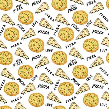 Pizza seamless pattern hand drawn sketch. Pizza slice doodles and words pizza Stock Photos