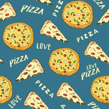 Pizza seamless pattern hand drawn sketch. Pizza slice doodles and words pizza Stock Photos