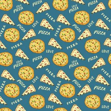 Pizza seamless pattern hand drawn sketch. Pizza slice doodles and words pizza Stock Photos